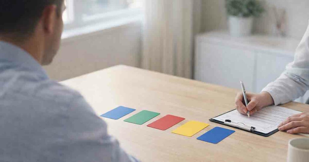 Illustration du test des couleurs de Max Lüscher montrant la relation entre couleurs, états émotionnels et psychologie